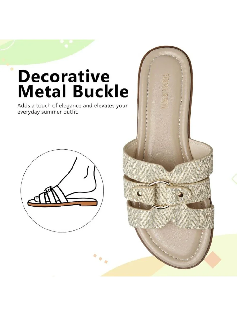 Women's Beige Leather Summer Comfortable Open Toe Slip On Beach Flat Sandals